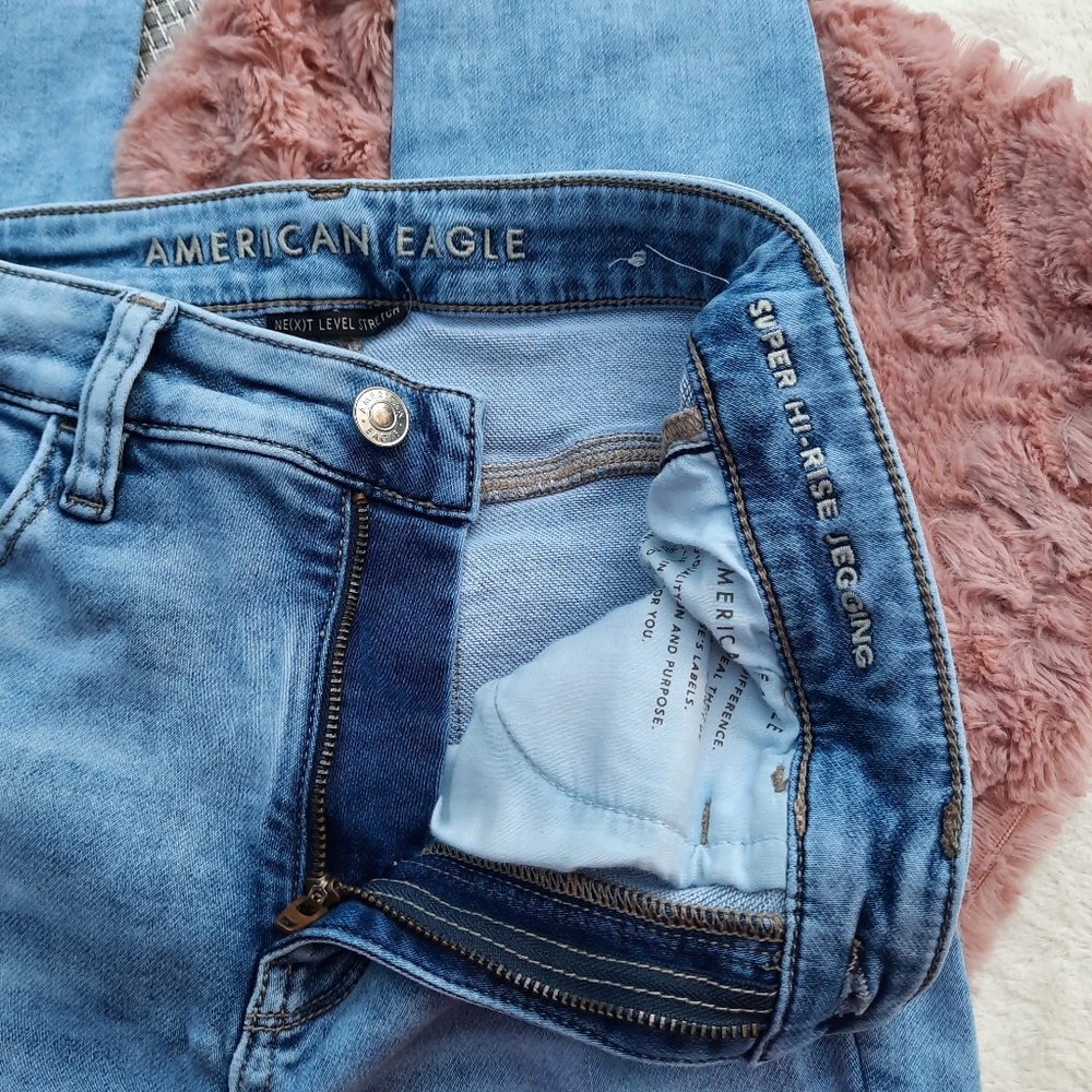 AEO American Eagle Super Hi Rise Jegging Distressed Holes Skinny Jeans 4 Regular - Picture 6 of 9
